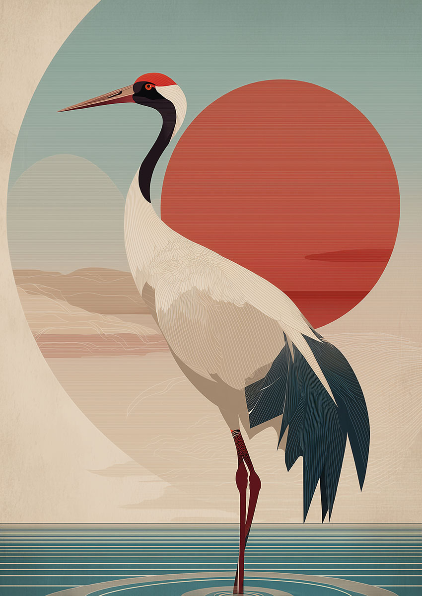 Artistic representation of an elegant white crane with a red sun backdrop and calm waters.